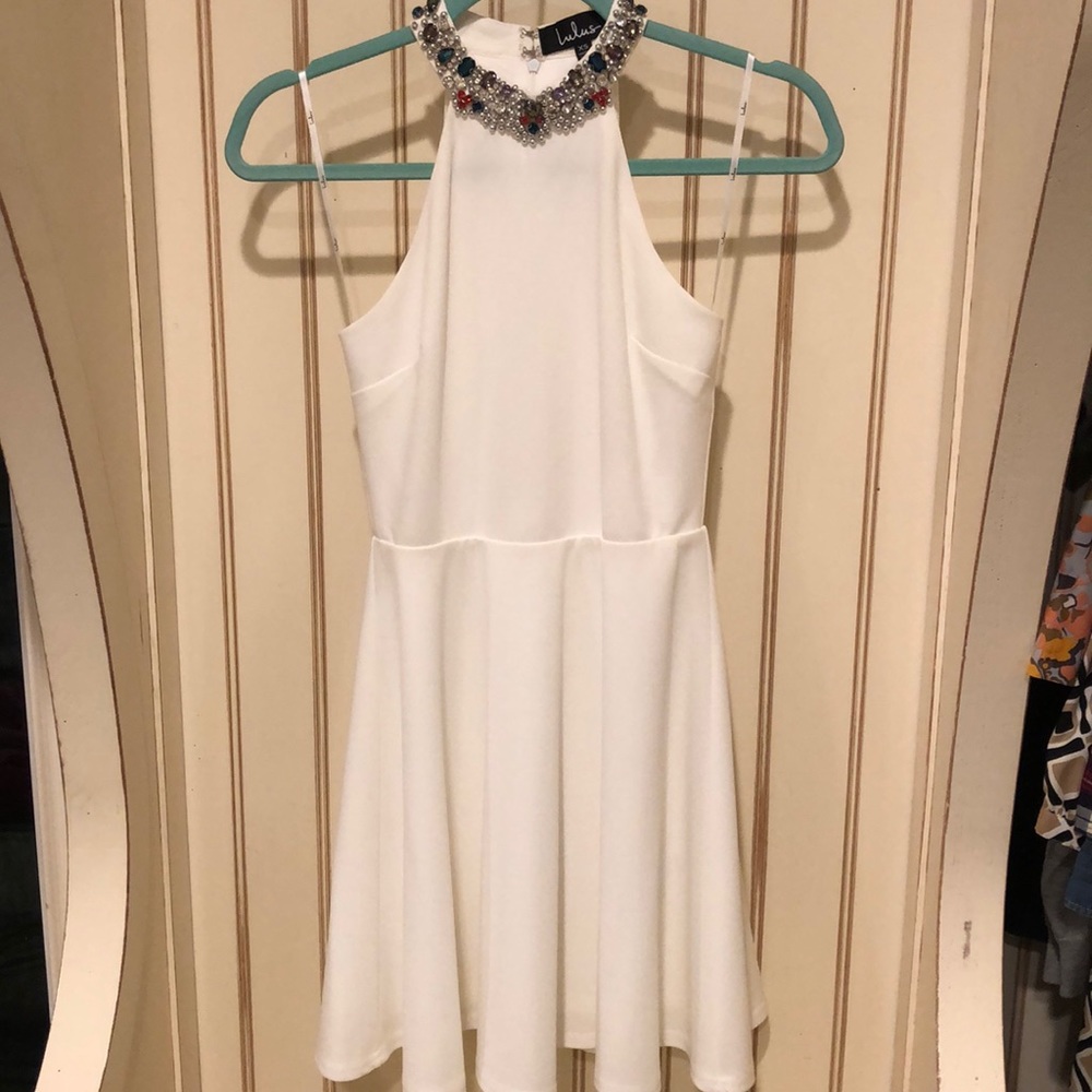 LULUS WHITE DRESS WITH BEADED JEWELED NECKLINE